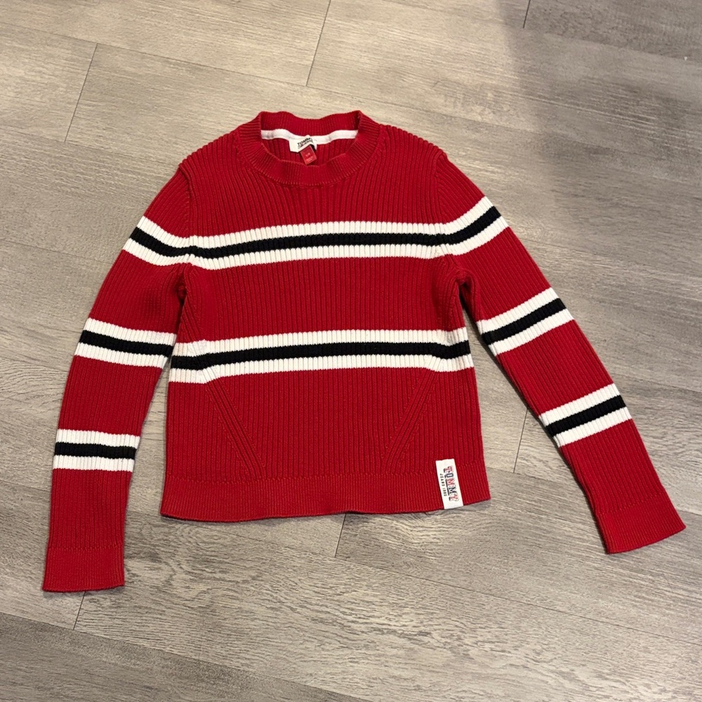 Tommy Hilfiger Red Sweater with Black and White Stripes